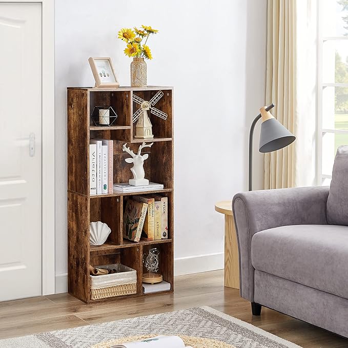 VECELO 42" Modern Bookshelf, 7 Cube Organizer Bookcase,Fits Tallest Hardcovers, Horizontal Available,Floor Standing Display,Easy Assembly, Vintage Brown - LeafyLoom
