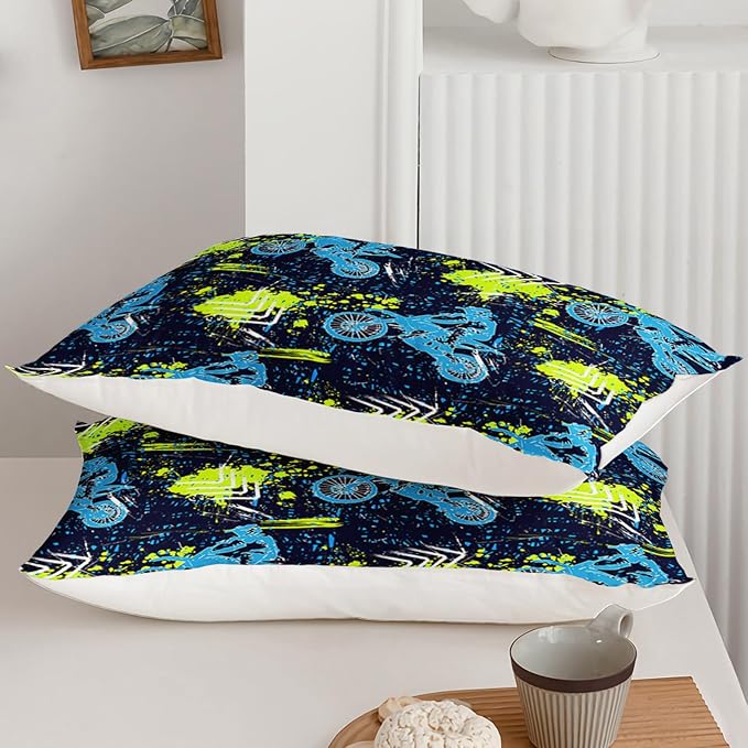 Axolotl Boys Dirt Bike Bedding Set Queen,Dirt Bike Comforter Set,Extreme Sports Tie Dye Bedding Set Motor Biker,Motocross Rider Comforter Set for Boys Kids Teens Men,1 Quilt 2 Pillowcases,Blue Green - LeafyLoom