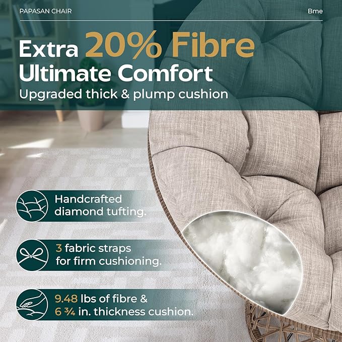 Bme 40" Ergonomic Wicker Papasan Chair with Soft Thick Density Fabric Cushion, High Capacity Steel Frame, 360 Degree Swivel for Living, Bedroom, Reading Room, Lounge, Silver Cloud - Brown Base - LeafyLoom