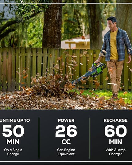 Greenworks 60V 610 CFM Cordless Leaf Blower, 2.5 Ah Battery and Rapid Charger - LeafyLoom
