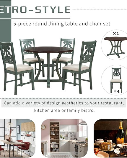 5-Piece Round Dining Set, Include Solid Wood Table with Storage Shelf, Special-shaped Legs and an Exquisitely Designed Upholstered Chair for Diningroom, Living Room, Kitchen, Antique Blue - LeafyLoom