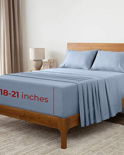 Mellanni Extra Deep California King Sheets - 4 PC Iconic Collection Bedding Sheets & Pillowcases - Luxury, Ultra Soft, Cooling Bed Sheets - Extra Deep Pocket up to 21 inch (Cal King, Blue Hydrangea) - LeafyLoom