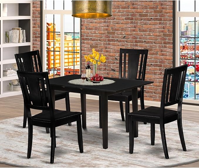 East West Furniture Norfolk 5 Piece Kitchen Set includes a Rectangle Table with Butterfly Leaf and 4 Dining Room Chairs, 32x54 Inch, NODU5-BLK-W - LeafyLoom