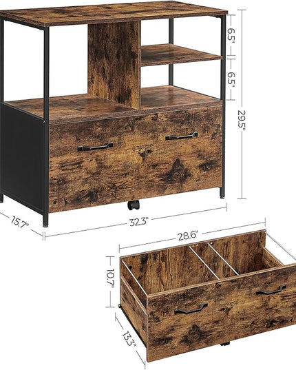 VASAGLE Lateral File Cabinet with Open Shelves and Drawer, for A4, Letter and Legal Sized Documents, Printer Stand, Rustic Brown + Black - LeafyLoom