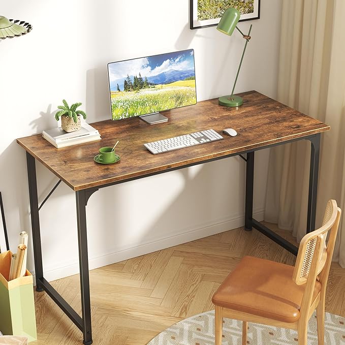Computer Desk, 40 Inch Office Desk, Gaming Desk with Storage, Writing Desk Work Desk for Home Office, Study, Modern Simple Desk, Large Legroom, Metal Frame, Rustic Brown - LeafyLoom
