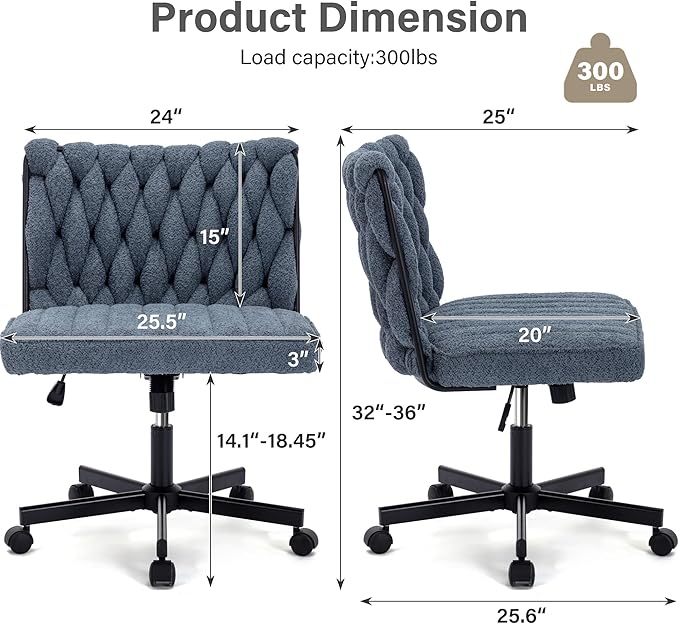 Criss Cross Legged Office Desk Chair with Wheels, Modern Armless Desk Chair with Wide Seat, Home Office Chair for Work, Meditation, Vanity, Blue - LeafyLoom
