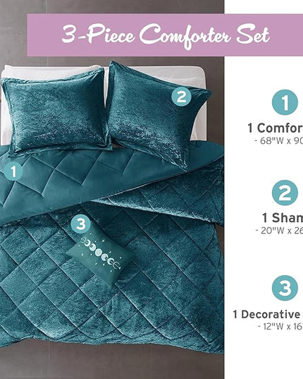 Intelligent Design Twin Comforter Set, Velvet Comforter Set , Luxury Diamond Quilting Comforter Set, Fluffy Comforter Bed Set with Decorative Pillowand 1 Sham, 3 Piece Teal, Twin/Twin XL - LeafyLoom
