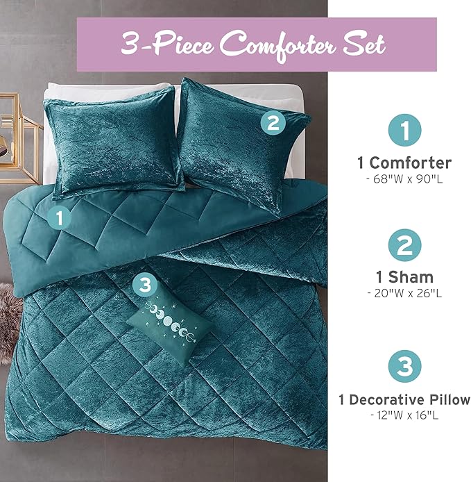Intelligent Design Twin Comforter Set, Velvet Comforter Set , Luxury Diamond Quilting Comforter Set, Fluffy Comforter Bed Set with Decorative Pillowand 1 Sham, 3 Piece Teal, Twin/Twin XL - LeafyLoom