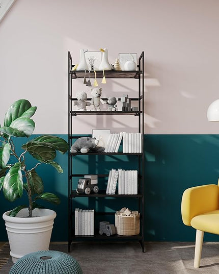 No-Assembly Folding Bookshelf Storage Shelves 5 Tiers Vintage Multifunctional Plant Flower Stand Storage Rack Shelves Bookcase for Home Office (All Black) - LeafyLoom