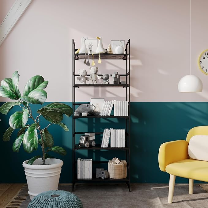 No-Assembly Folding Bookshelf Storage Shelves 5 Tiers Vintage Multifunctional Plant Flower Stand Storage Rack Shelves Bookcase for Home Office (All Black) - LeafyLoom