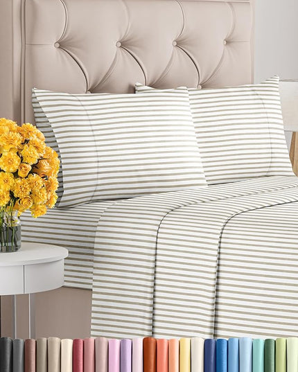 King Size 4 Piece Sheet Set - Comfy Breathable & Cooling Sheets - Hotel Luxury Bed Sheets for Women & Men - Deep Pockets, Easy-Fit, Soft & Wrinkle Free Sheets - Beige Stripes Oeko-Tex Bed Sheet Set - LeafyLoom