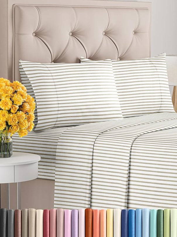 King Size 4 Piece Sheet Set - Comfy Breathable & Cooling Sheets - Hotel Luxury Bed Sheets for Women & Men - Deep Pockets, Easy-Fit, Soft & Wrinkle Free Sheets - Beige Stripes Oeko-Tex Bed Sheet Set - LeafyLoom