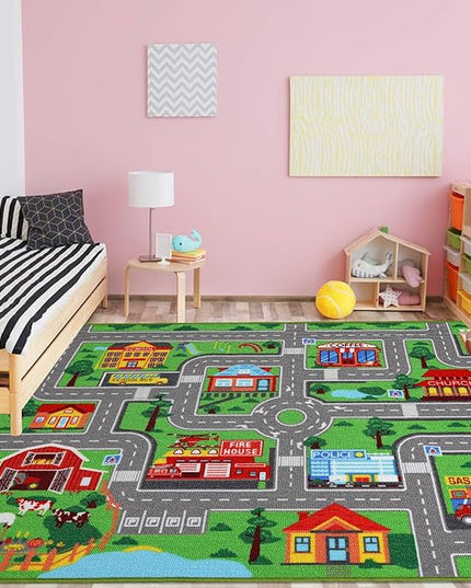Kids Carpet Playmat Rug 118"x78.7", Car Rug for Kids Cars, Non-Slip Town City Road Map Kids Rug for Playroom Bedroom Boys, Kids Car Mat Road Rug, Track Rug Car Play Rug for Kids (118X78.7 INCH) - LeafyLoom