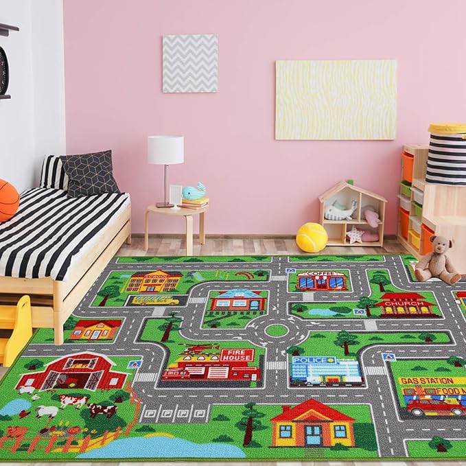 Kids Carpet Playmat Rug 118"x78.7", Car Rug for Kids Cars, Non-Slip Town City Road Map Kids Rug for Playroom Bedroom Boys, Kids Car Mat Road Rug, Track Rug Car Play Rug for Kids (118X78.7 INCH) - LeafyLoom