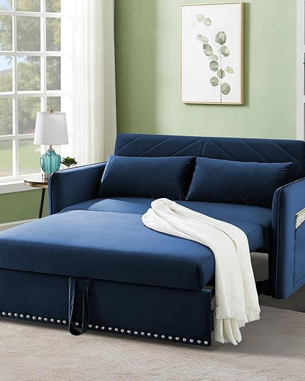 New Model 3-in-1 Sleeper USB Port Adjustable Velvet Convertible Sofa with Pull Out Bed, 2 Pillows & Side Pocket – Ideal for Living Room and Bedroom, Blue - LeafyLoom