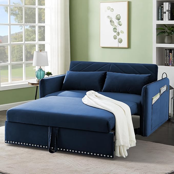 New Model 3-in-1 Sleeper USB Port Adjustable Velvet Convertible Sofa with Pull Out Bed, 2 Pillows & Side Pocket – Ideal for Living Room and Bedroom, Blue - LeafyLoom