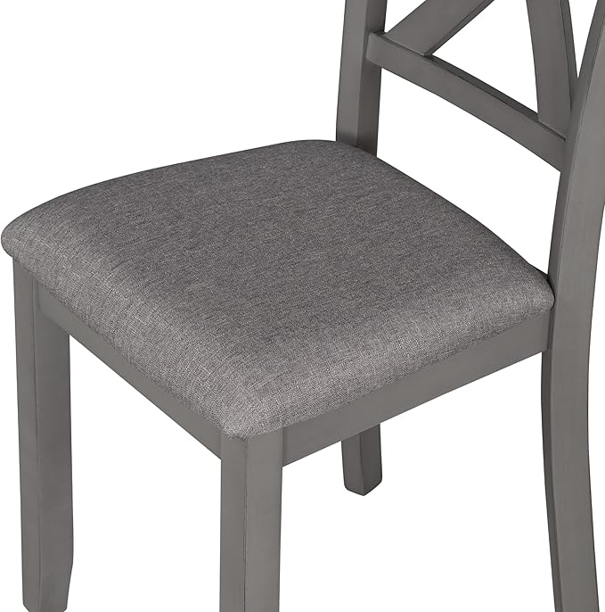 Piece Rustic Farmhouse Dining 6, Wooden Rectangular Kitchen Table with 4 Fabric Chairs and Bench, Ideal Family Furniture Set, Gray, 7 - LeafyLoom