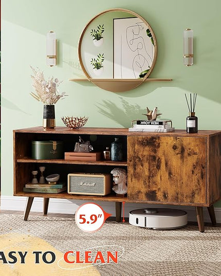 WLIVE Mid-Century Modern TV Stand for 55" TV, Entertainment Center with Storage, Open Shelves TV Console for Living Room and Bedroom, Retro Brown - LeafyLoom