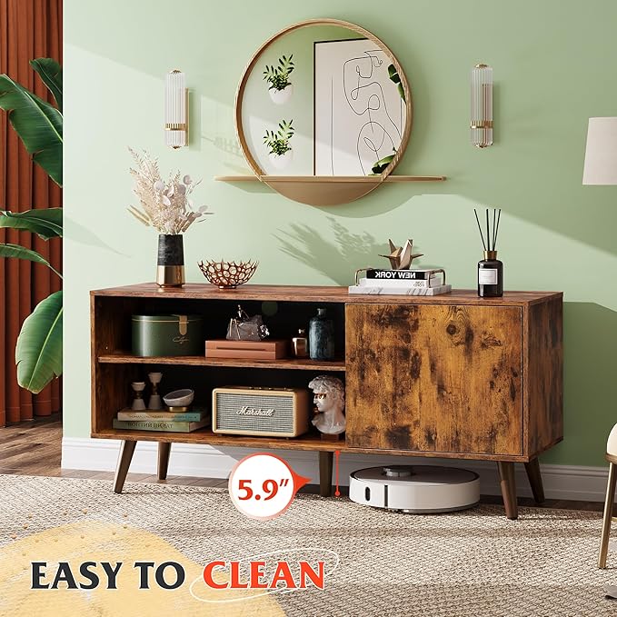 WLIVE Mid-Century Modern TV Stand for 55" TV, Entertainment Center with Storage, Open Shelves TV Console for Living Room and Bedroom, Retro Brown - LeafyLoom