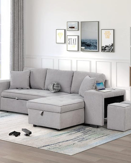 L Shaped Reversible Sleeper Sectional Sofa Pull Out Couch Bed with Storage Chaise Lounge and 2 Stools, Button Tufted Chenille Upholstered Convertible Pullout Sofabed for Living Room Office - LeafyLoom