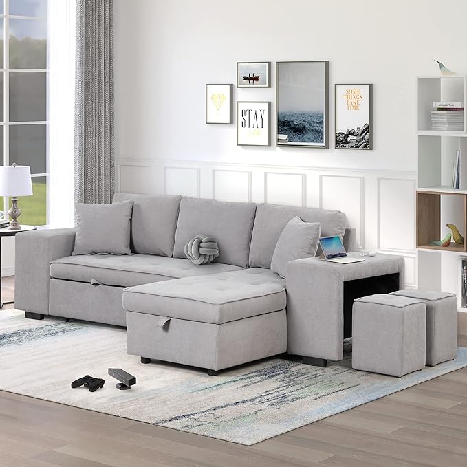 L Shaped Reversible Sleeper Sectional Sofa Pull Out Couch Bed with Storage Chaise Lounge and 2 Stools, Button Tufted Chenille Upholstered Convertible Pullout Sofabed for Living Room Office - LeafyLoom