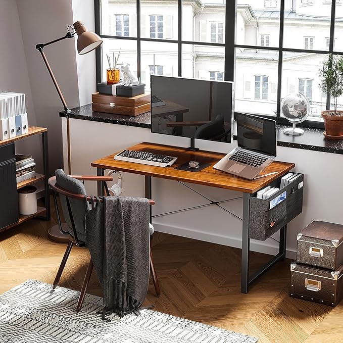 ODK Computer Desk Large Office Desk, 48 Inch Gaming Desk with Storage, Modern PC Desk Work Table with Headphone Hook for Home Office, Deep Brown - LeafyLoom