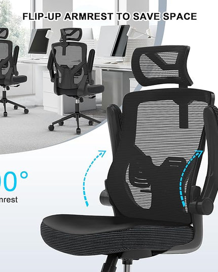 𝑯𝑶𝑴𝑬 𝑶𝑭𝑭𝑰𝑪𝑬 𝑪𝑯𝑨𝑰𝑹, Ergonomic Mesh Desk Chair, High Back Computer Chair- Adjustable Headrest with Flip-Up Arms, Lumbar Support, Swivel Executive Task Chair (Modern, Black) - LeafyLoom