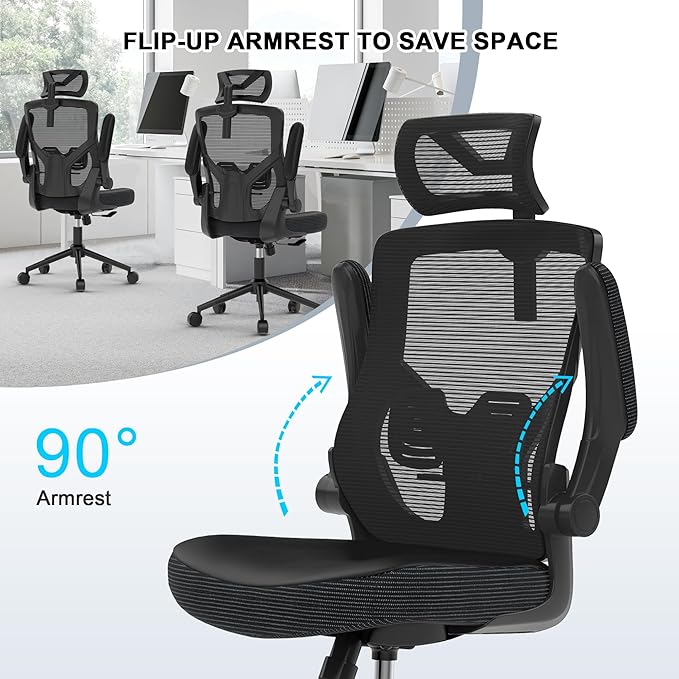 𝑯𝑶𝑴𝑬 𝑶𝑭𝑭𝑰𝑪𝑬 𝑪𝑯𝑨𝑰𝑹, Ergonomic Mesh Desk Chair, High Back Computer Chair- Adjustable Headrest with Flip-Up Arms, Lumbar Support, Swivel Executive Task Chair (Modern, Black) - LeafyLoom