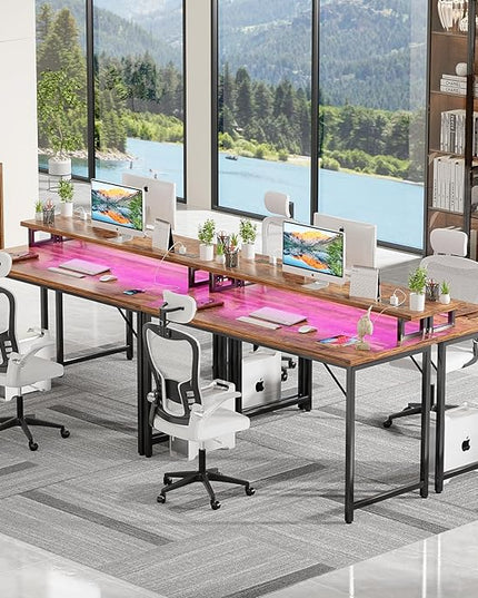 47 inch Computer Desk with Power Outlets, Gaming desk with LED Lights, Home Office Work Desk with Monitor Shelf, Modern Office Desk Study Writing Table for Small Spaces, Rustic Brown - LeafyLoom
