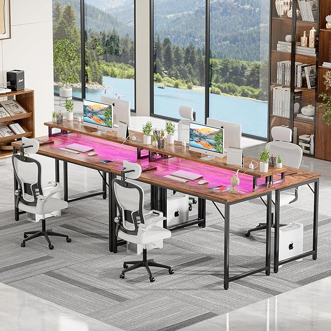 47 inch Computer Desk with Power Outlets, Gaming desk with LED Lights, Home Office Work Desk with Monitor Shelf, Modern Office Desk Study Writing Table for Small Spaces, Rustic Brown - LeafyLoom