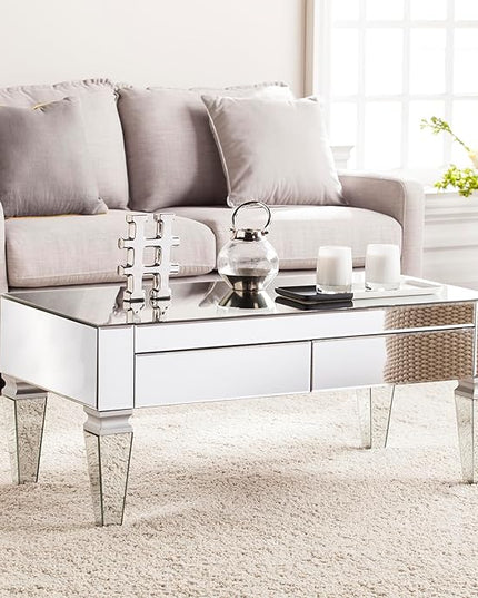 SEI Furniture Darien Contemporary Mirrored Rectangular, Rectangle Coffee Table, Silver - LeafyLoom