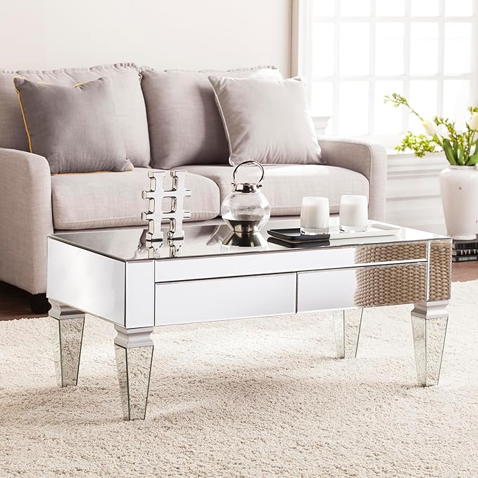 SEI Furniture Darien Contemporary Mirrored Rectangular, Rectangle Coffee Table, Silver - LeafyLoom