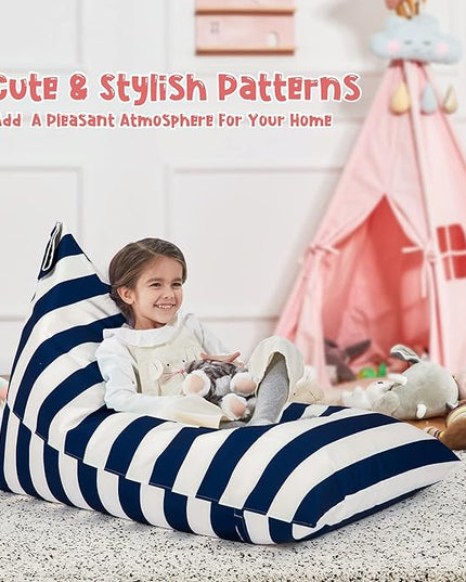 Nobildonna Stuffed Animal Storage Bean Bag for Kids (No Filler), Extra Large 250L Bean Bag Chair Cover Only, Washable Beanbag Without Filling Soft Premium Canvas Stuffable Bean Bag Cover (Blue/White) - LeafyLoom