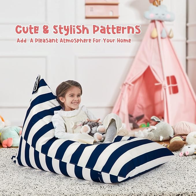 Nobildonna Stuffed Animal Storage Bean Bag for Kids (No Filler), Extra Large 250L Bean Bag Chair Cover Only, Washable Beanbag Without Filling Soft Premium Canvas Stuffable Bean Bag Cover (Blue/White) - LeafyLoom