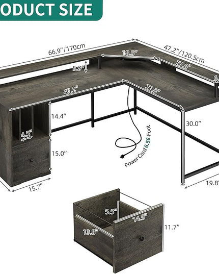 YITAHOME L Shaped Desk with Power Outlets & LED Lights, 67" Computer Desk with File Drawer, Corner Desk Home Office Desk with Monitor Stand & 3 Cubbies Storage Shelves, Grey - LeafyLoom