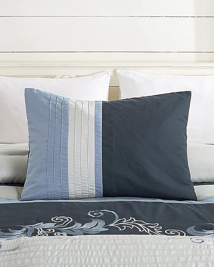 Chezmoi Collection Napa 7-Piece Luxury Autumn Leaves Scroll Embroidery Bedding Comforter Set (King, Navy/Blue/Gray) - LeafyLoom