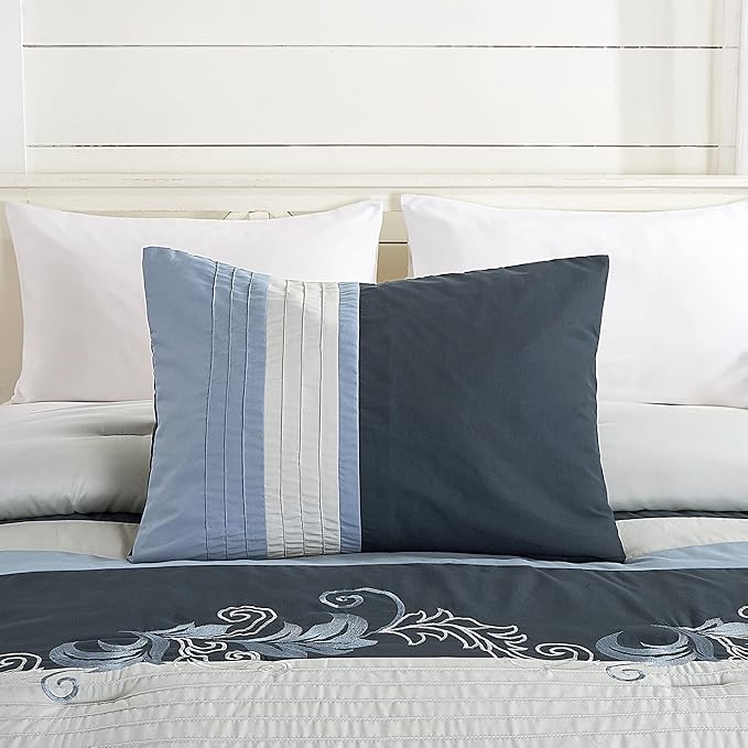 Chezmoi Collection Napa 7-Piece Luxury Autumn Leaves Scroll Embroidery Bedding Comforter Set (King, Navy/Blue/Gray) - LeafyLoom