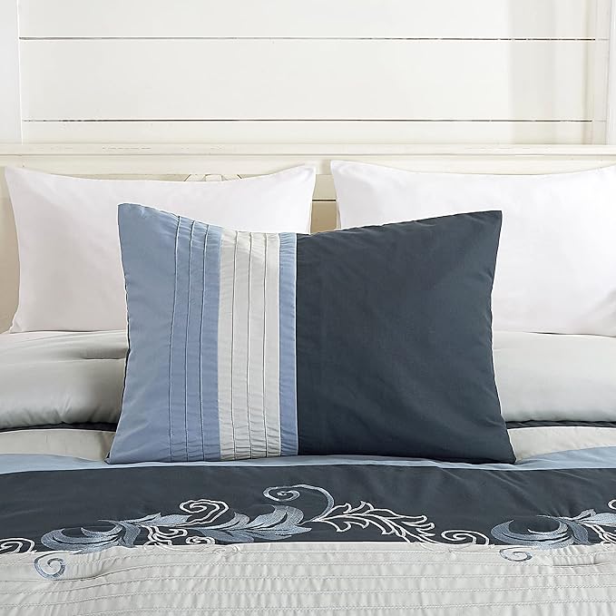 Chezmoi Collection Napa 7-Piece Luxury Autumn Leaves Scroll Embroidery Bedding Comforter Set (Full, Navy/Blue/Gray) - LeafyLoom