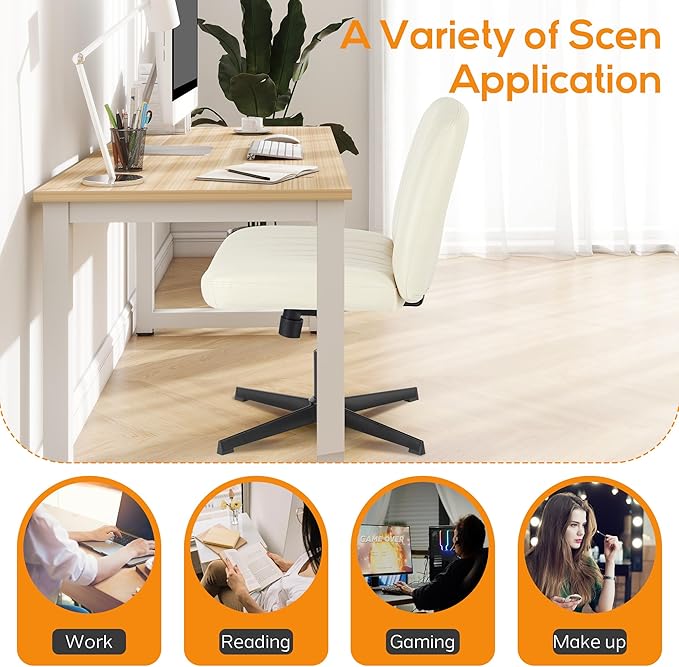 Criss Cross Chair, Cross Legged Office Chair, Wide Comfty Desk Chair, No Wheels Armless Computer Task Chair, Swivel Vanity Home Chair, Height Adjustable - LeafyLoom