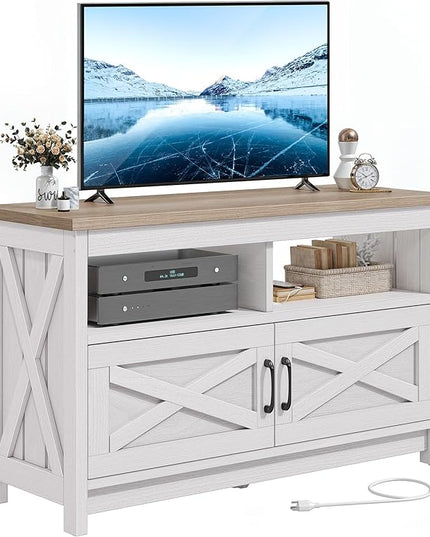 YITAHOME TV Stand with Power Outlet, Farmhouse Entertainment Center for up to 40 Inch TV, Modern TV Cabinet Media Console Table for Living Room, X-Shape Design, Grey White/Grey Wash - LeafyLoom