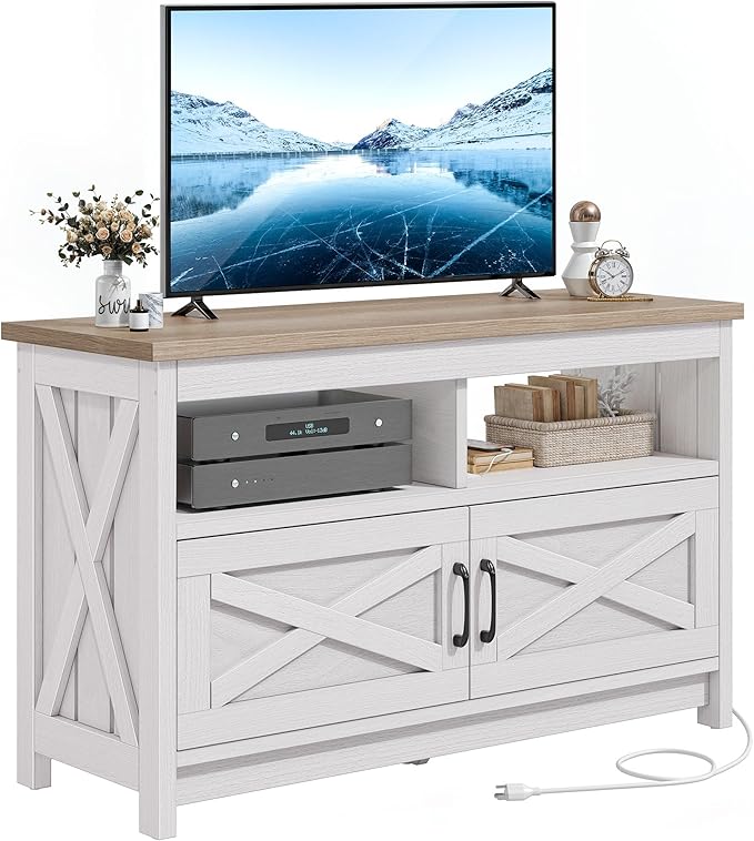 YITAHOME TV Stand with Power Outlet, Farmhouse Entertainment Center for up to 40 Inch TV, Modern TV Cabinet Media Console Table for Living Room, X-Shape Design, Grey White/Grey Wash - LeafyLoom