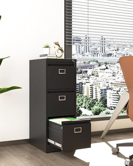 3 Drawer File Cabinet, Metal Vertical File Cabinets with Lock for Home Office, Office Steel Filing Cabinet for Hanging Files for A4/ Legal/Letter,Assembly Required (Black) - LeafyLoom