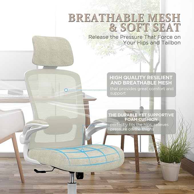 Mimoglad Office Chair, High Back Ergonomic Desk Chair with Adjustable Lumbar Support and Headrest, Swivel Task Chair with flip-up Armrests for Guitar Playing, 5 Years Warranty - LeafyLoom