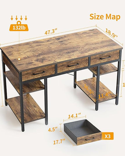 CubiCubi 47 Inch Computer Desk with 3 Drawers and Storage Shelves, Small Home Office Desk, Study Writing Table, Simple Desk for Bedroom, Rustic Brown - LeafyLoom