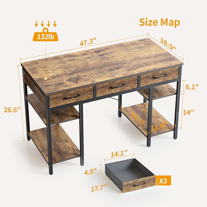 CubiCubi 47 Inch Computer Desk with 3 Drawers and Storage Shelves, Small Home Office Desk, Study Writing Table, Simple Desk for Bedroom, Rustic Brown - LeafyLoom