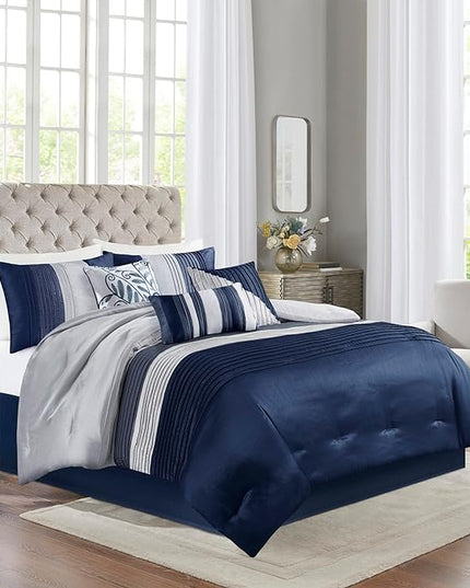 Madison Park Amherst Faux Silk Comforter Set-Casual Contemporary Design All Season Down Alternative Bedding, Matching Shams, Bedskirt, Decorative Pillows, King(104"x92"), Navy, 7 Piece (MP10-2208) - LeafyLoom