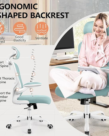 FelixKing Office Chair with Headrest, Ergonomic Desk Chair with Wheels,Hanger，Adjustable Lumbar Support Swivel Comfy Task Chair with Flip-up Armrests, Ergo Mesh Backrest (Light Blue) - LeafyLoom