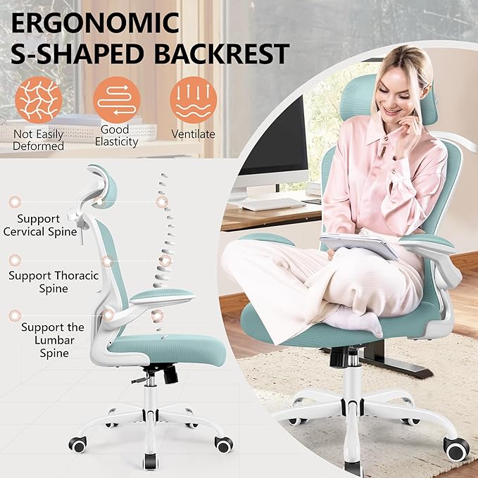 FelixKing Office Chair with Headrest, Ergonomic Desk Chair with Wheels,Hanger，Adjustable Lumbar Support Swivel Comfy Task Chair with Flip-up Armrests, Ergo Mesh Backrest (Light Blue) - LeafyLoom