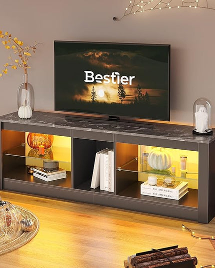 Bestier Entertainment Center LED Gaming TV Stand for 55+ Inch TV Adjustable Glass Shelves 22 Dynamic RGB Modes TV Cabinet Game Console PS4, Black Marble - LeafyLoom