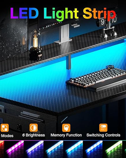 ODK 58 Inch Gaming Desk with USB Charging Ports and LED Lights, Reversible L Shaped Computer Desk with Storage Shelves & Monitor Stand, Corner Gamer Desk Table with Power Outlets, Carbon Fiber Black - LeafyLoom